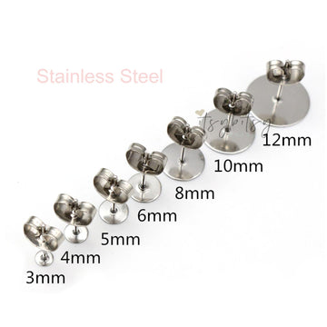 50pcs (25pairs), 3/4/5/6/8/10/12mm, 316 Stainless Steel / Surgical Grade Steel Flat Round Blank Peg Ear Stud Components with ear backs, in Stainless Steel Colour